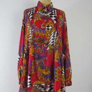 Vtg Take Away Womens L Multicolor Y2K LS High Low Cotton Rayon Relaxed Shirt Top